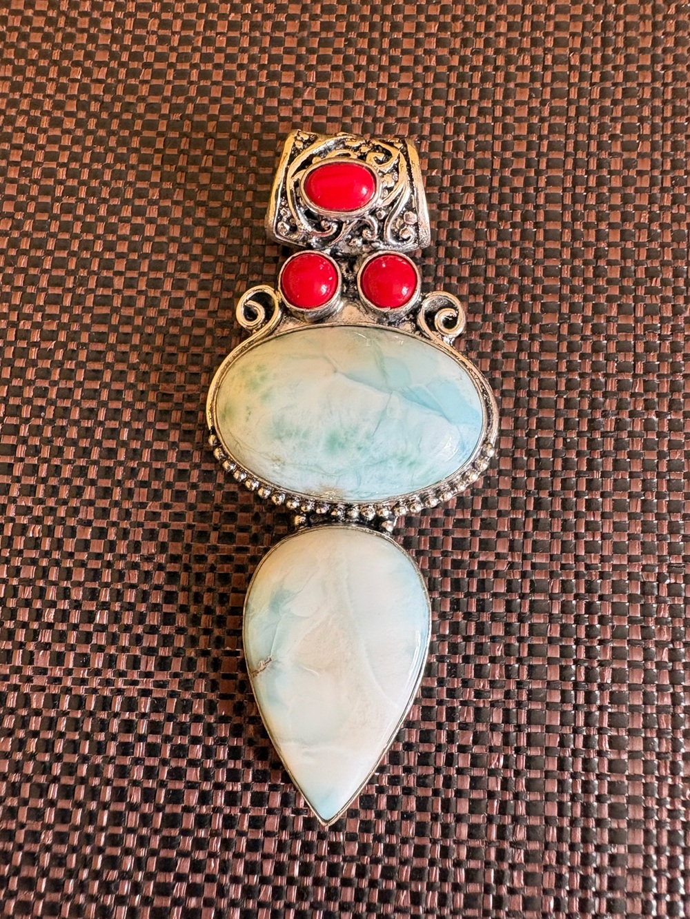 New! 925 Sterling Silver Overlay Larimar & Red Coral Multi Gemstone Pendant - Picture 3 of 15